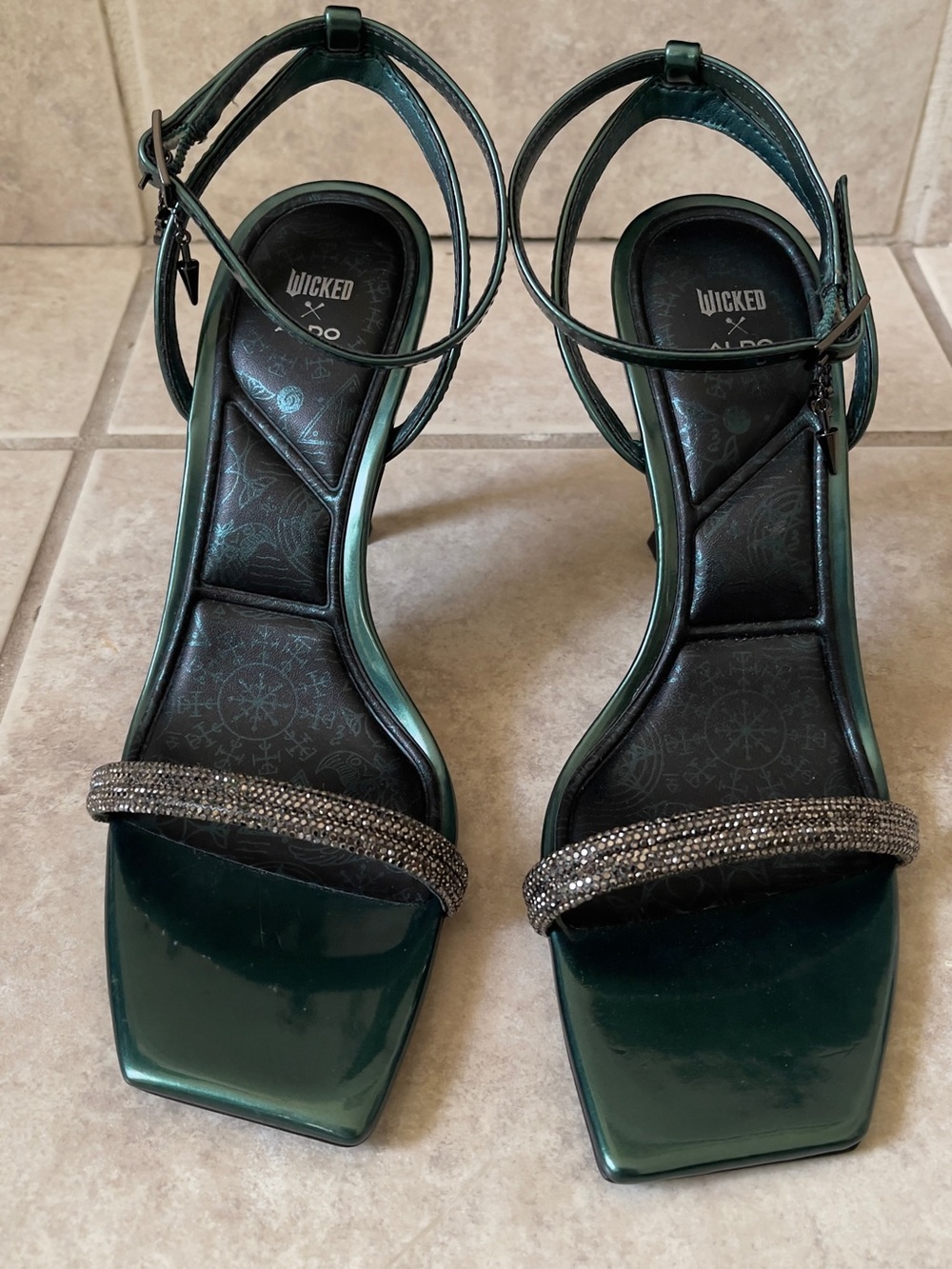Aldo Wicked Emerald Green Beaded Ankle-Strap Heels